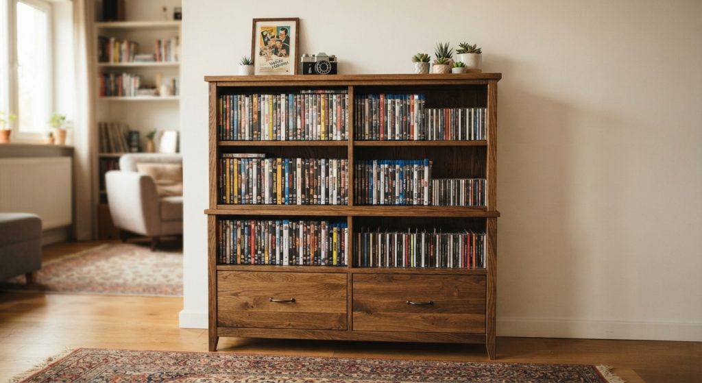 Idéal pour stocker ses films (vidéos, DVD, CD), ce meuble commode en bois de Maison d’un Rêve.